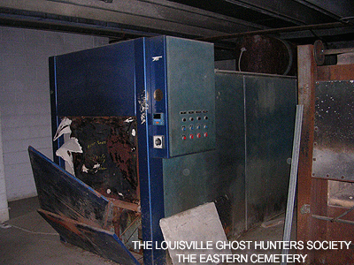 The crematorium furnace in the basement of the chapel. There are two furnaces.